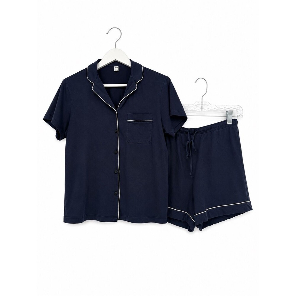 Uniqlo Navy Blue Pajama Set Short Sleeve Button Front Top Shorts Size Medium